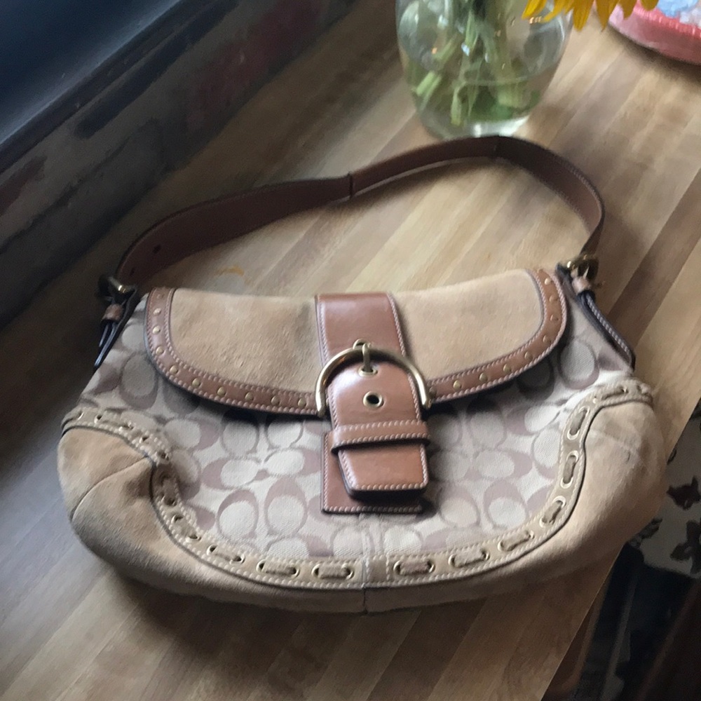 Coach bag tan suede and coach print